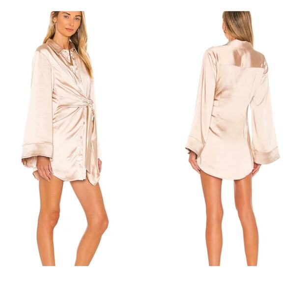 SONG OF STYLE Marta Dress In Nude Size Small NEW Satin Shine Belted Wide Sleeve - Picture 1 of 8